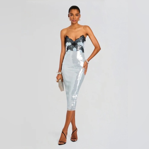 Retrofete Ellen Sequin Dress Midi Icy Blue Strapless - Picture 1 of 11